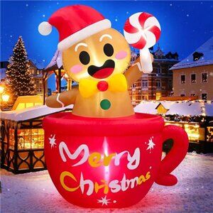 6 FT Tall Christmas Inflatables Outdoor Decoration Gingerbread Man Hot Choco
